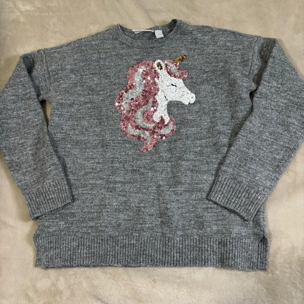 The Children’s Place Gray Sweater with Sequin Unicorn Design